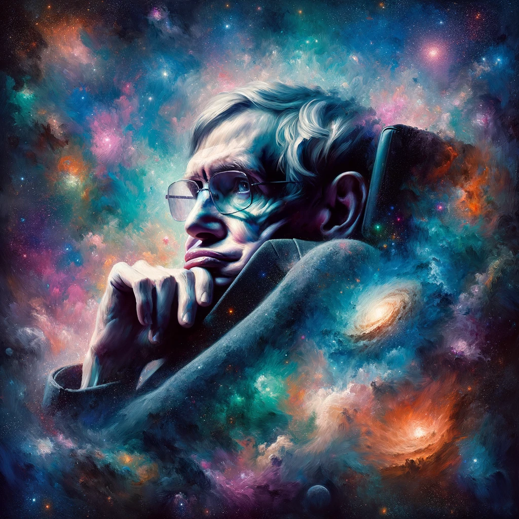 Portrait of Stephen Hawking with a cosmic backdrop