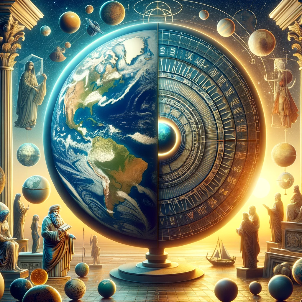 Conceptual illustration of ancient and modern views on Earth's shape, showing a spherical globe beside a flat disc Earth, with historical and scientific symbols.