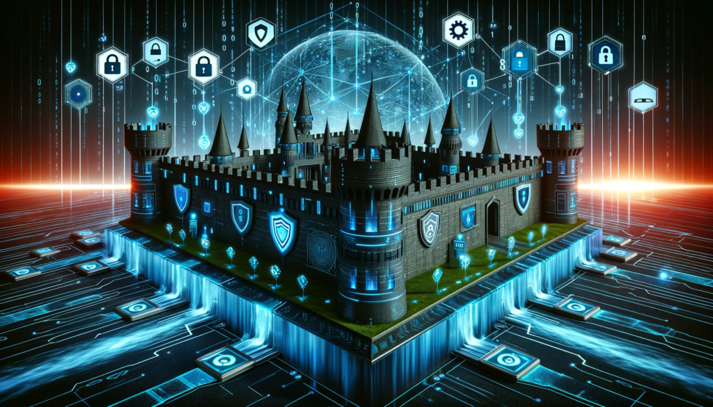 Futuristic virtual fortress symbolizing robust cybersecurity, with digital walls, advanced security features, and a matrix of binary codes in the background.